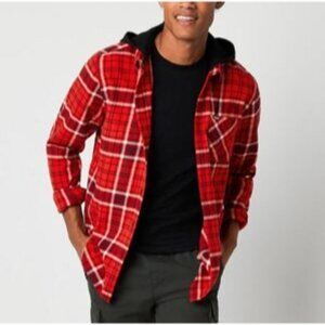Vision Streetwear Mens Hooded Long Sleeve Flannel Shirt, Red, NWT